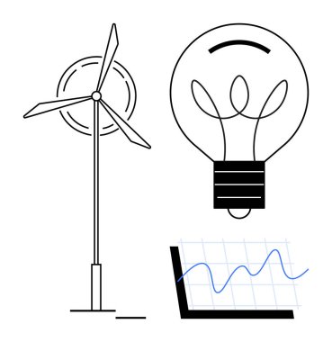 Rüzgar türbini, parlayan ampul yeniliği sembolize ediyor ve yükselen veri tablosu. Sürdürülebilirlik için ideal, yeşil teknoloji, yenilenebilir enerji, analitik, yaratıcılık ilerlemesi temiz enerji. Basit düz