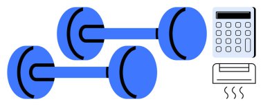 Hesap makinesi ve makbuz yazıcısı ile eşleştirilmiş iki mavi dambıl, fitlik ve bütçe fikirlerini birleştiriyor. Sağlık planlaması için ideal, spor salonu giderleri, mali hedefler, denge, sağlık, kayıt tutma