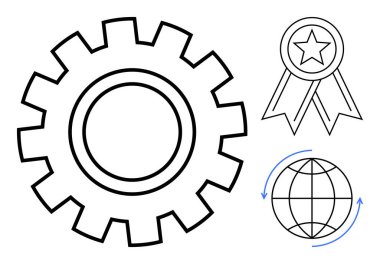 Dişliler iş akışı ve süreci özetliyor, kurdele başarıyı vurguluyor ve oklu küre küresel etkileşimi iletiyor. İş için ideal, işbirliği, başarı, küreselleşme, verimlilik