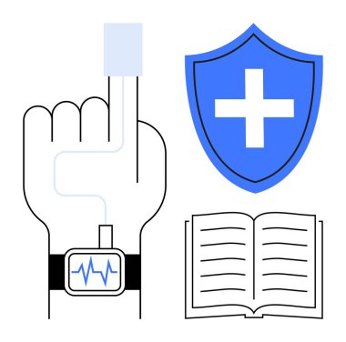 Kalp atışı göstergesi olan bir el izi sürücü, tıbbi haçlı bir kalkan ve açık bir kitap. Sağlık, teknoloji, eğitim, koruma, sağlık tıbbı verileri için ideal. Basit düz metafor