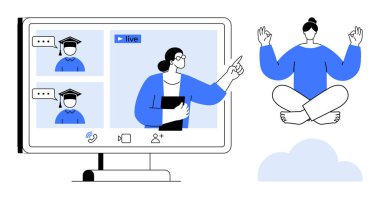 Hoparlör ve öğrencilerle Nilüfer pozisyonunda meditasyon yapan kişiyle birlikte ekranda video konferansı. Eğitim, refah, üretkenlik, iş hayatı dengesi, öğrenme, uzaktan çalışma, basit düz çalışma için ideal