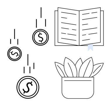 Bozuk paraların düşmesi, kitap ayracı olan açık bir kitap ve finans, öğrenme ve büyümeyi sembolize eden bir saksı. Temalar için ideal eğitim, yatırım, sürdürülebilirlik, ekonomik ilerleme