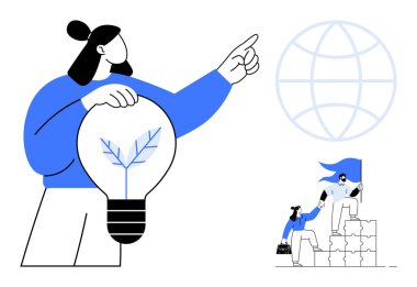 Çevre dostu ampulü tutan ve dünyayı gösteren yaprak tasarımlı biri, sürdürülebilirliği vurguluyor. Takım çalışması konsepti, bir bayrakla bloklara tırmanmaya yardım etmektir. Takım çalışması için ideal