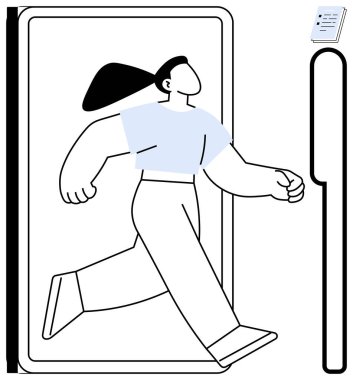 Akıllı telefondan inen kadın büyümeyi, başarıyı ve dijital güçlenmeyi simgeliyor. Yenilik, teknoloji, kişisel gelişim, online fırsatlar, dönüşüm için ideal