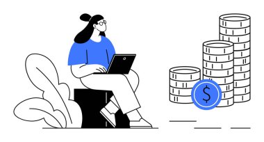 Dizüstü bilgisayarında çalışan genç bir kadın madeni geliri, karı ve çevrimiçi geliri simgeleyen madeni paraların yanında çalışıyor. İş, finans, yatırım, girişim, serbest ticaret, e-ticaret için ideal