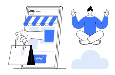 Meditasyon yapan bir figürün yanındaki akıllı telefon ekranından el ele tutuşan çantalar. Çevrimiçi ticaret, farkındalık, denge, dijital yaşam tarzı, alışveriş, meditasyon, kolaylık için idealdir. A