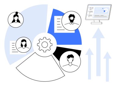 Diyagram, grafiğin bölümlerini, merkezdeki teçhizatı, kullanıcı profillerini, dokümanları, bilgisayar monitörlerini ve okları içerir. Takım çalışması, analitik, işbirliği süreci iyileştirme organizasyonu için ideal