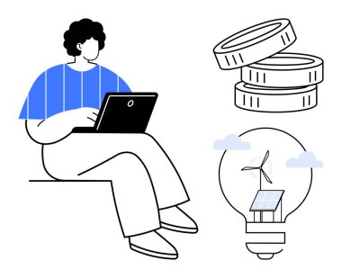 İçinde güneş paneli ve yel değirmeni olan bir ampulün yanına oturmuş dizüstü bilgisayar kullanan ve bozuk para istiflemiş biri. Sürdürülebilirlik, finans, teknolojik yenilik, uzak çalışma, yenilenebilir enerji, eko-ekonomi için ideal