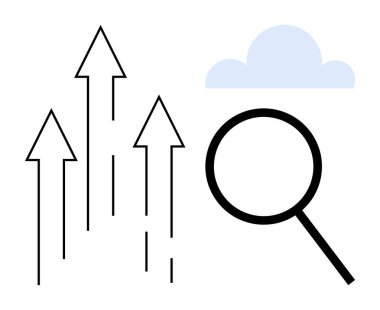 Yükselen oklar, büyüten camlar ve bulutları görselleştiren büyüme, keşif ve yenilik. İş, analiz, pazar eğiliminin iyileştirilmesi için ideal teknoloji araştırması. Basit düz