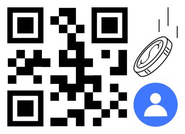 QR kodu, düşen para, mavi kullanıcı profili simgesi. Ödeme, e-cüzdan, finans, teknoloji, kimlik işlemleri mobil uygulamaları için ideal. Temiz, düz metafor