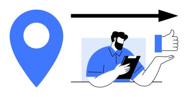 Harita şifresi, ok, başparmak kaldırma simgesi ve pano taşıyan kişi navigasyon, onay, görev yönetimi. Lojistik için ideal, takım geribildirim, iletişim planlama büyümesi basit