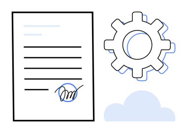 İmzalanmış belge, vites simgeleme süreci ve dijital çözümler için bulut. Teknoloji, sözleşmeler, otomasyon, yenilik, bulut hesaplama, dijital dönüşüm için ideal basit düz metafor