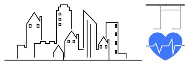 Doğrusal şehir manzarası mavi bir kalp atışı ikonu ve minimum mimari çerçeve ile eşleştirildi. Sağlık altyapısı, kentsel planlama, sürdürülebilirlik, tıbbi tasarım, modern mimari için ideal