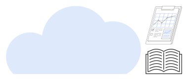 Açık mavi bulut, veri tablosu ve açık kitap. Veri depolama, analitik, eğitim, bilgi paylaşımı, bulut teknolojisi öğrenme kavramları için ideal dijital dönüşüm. Basit düz
