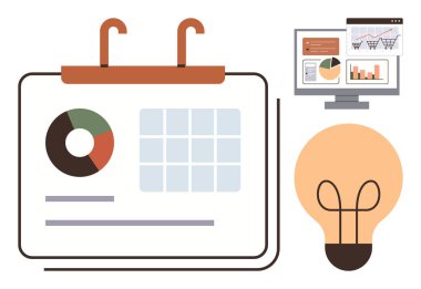 Pasta grafiği ve veri şebekesine sahip bir takvim, grafikli bir bilgisayar ekranı ve parlayan bir ampul fikirleri, yenilikçiliği, planlamayı, verimliliği, iş stratejisini, hedef belirleme ve yaratıcılığı temsil ediyor.