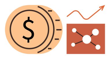 Dolar işareti, yukarı doğru ok ve finansal büyüme, yatırım ve bağlantıyı sembolize eden ağ düğümleri. Finans, zenginlik yönetimi, ekonomik eğilimler, ticari yenilik verileri için ideal