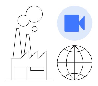 Buhar yayan fabrika, küresel kapsamı vurgulayan dünya ve teknoloji, medya veya iletişimi temsil eden kamera. Sanayi, küreselleşme, teknoloji, video üretimi sürdürülebilirliği için ideal