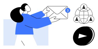 Bildirim rozeti olan bir kadın, bağlı kullanıcı ağı ve oynatma düğmesi. İletişim, e-posta, takım çalışması, ağ oluşturma, işbirliği, sosyal medya dijital etkileşimi için ideal