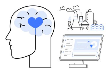 Fabrikaların yanında kalp ikonu ve gaz yayan bacalar ve analiz edilmiş verileri gösteren bir ekran. Sürdürülebilirlik, akıl sağlığı, karar verme, yenilik ve sanayi etkisi için ideal