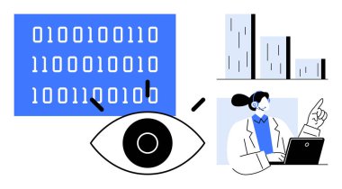 İkili kodlara odaklanan bir göz, bir bar çizelgesi ve dizüstü bilgisayarı olan profesyonel bir analist. Analiz, teknoloji, kodlama, veri güvenliği, yenilik makinesi öğrenme ve iletişim için ideal. Basit düz