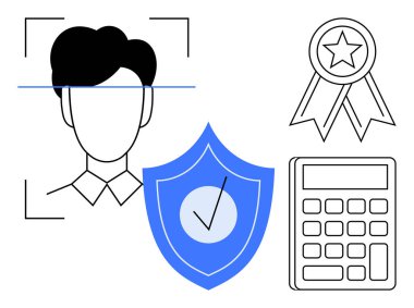 Yüz tarama ikonu, işaretli kalkan, ödül kurdelesi ve hesap makinesi. Güvenlik, kimlik doğrulama, veri gizliliği, sertifika teknolojisi finans uygunluğu için idealdir. Basit düz metafor