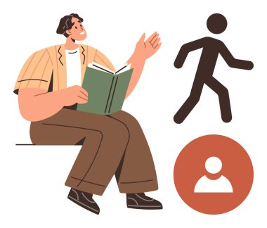 Adam kitap okuyarak ve yürüyen figür simgesi ve kullanıcı profil sembolü ile hareketli bir şekilde oturuyor. Öğrenme, eğitim, hikaye anlatma, yaratıcılık, topluluk, iletişim için ideal