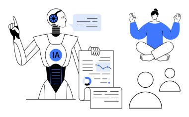 Robot veri içgörülerini grafikler ve metinlerle analiz ediyor ve paylaşıyor, dengeyi sembolize eden kişiyi meditasyon yapıyor ve izleyici simgelerini paylaşıyor. Yapay zeka, farkındalık, üretkenlik, denge, yenilik ve teknoloji için ideal