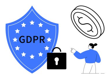 Yıldızlı, asma kilitli, bozuk paralı mavi GDPR kalkanı ve öne doğru hareket eden bir insan. Güvenlik, gizlilik, uyum, mali yönetmelik ve iş konuları için idealdir. Basit düz metafor