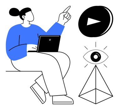 Dizüstü bilgisayarlı bir kadın oyun düğmesi, göz ve piramit şekillerinin yanında yukarı bakıyor. Teknoloji, yaratıcılık, medya, eğitim, yenilikçi analitik vizyon için idealdir. Basit düz metafor