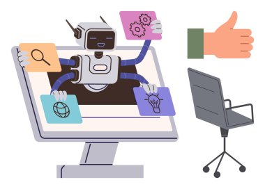 Robot dijital kartları arama, yenilik, teknoloji ve küresel temaları monitörden, sandalyeden ve baş parmağıyla sunuyor. Yapay zeka, otomasyon, yenilik ve strateji teknikleri için ideal