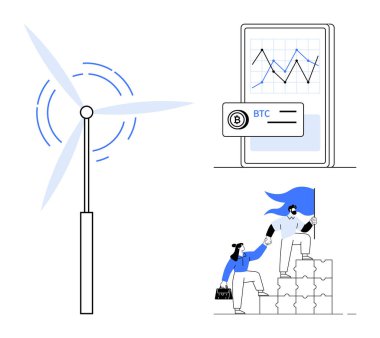 Rüzgar türbini güç üretiyor, mobil arayüz kripto para istatistikleri gösteriyor, takım çalışması başarısı. Sürdürülebilirlik, finans, işbirliği, yenilik, ilerleme, analiz için ideal