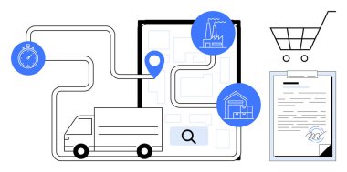 Yol haritasında kronometre, depo, fabrika ikonları, pano ve alışveriş arabası olan bir teslimat kamyonu. Lojistik, nakliye, tedarik zinciri e-ticaret planlama küresel ticaret için idealdir. Düz