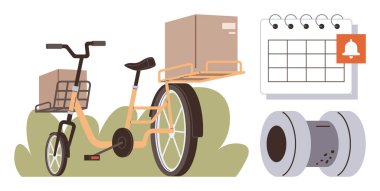 Kargo bisikleti paketler, tebligatlı takvim ve makaralar. Teslimat, lojistik, takvim, tedarik zinciri, eko-ulaşım, planlama işlemleri için ideal basit düz metafor