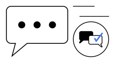 Noktalı büyük konuşma balonu ve içinde daha küçük sohbet baloncukları ve doğrulama işaretleri olan bir çember. Mesaj, iletişim, onay, teknoloji, sosyal medya, etkileşim, basitlik için idealdir. A