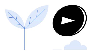 Cesur bir oyun düğmesi ve bulut tasarımının yanında yapraklarla filizlenen en küçük bitki. Çevre eğitimi, teknoloji, yenilik, sürdürülebilirlik, büyüme, öğrenme ve bağlantı temaları için ideal