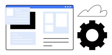Web tasarımı, veri yönetimi ve sistem özelleştirmesini öneren metin kutuları, bulut ve dişli simgesi ile pencere arayüzü düzeni. Teknoloji, üretkenlik, gelişme, takım çalışması temaları için ideal