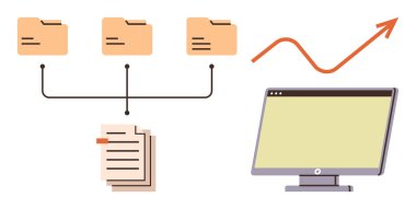 Belgelere bağlanan dosya dizinleri, yükselen bir grafiğin yanında bir bilgisayarda analiz ediliyor. Organizasyon, iş akışı, verimlilik, verimlilik, planlama, analitik ve büyüme için ideal. Basit düz