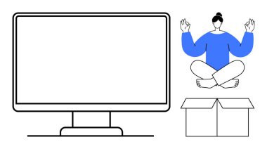 Kadın, büyük monitör ve boş kutunun yanında oturmuş meditasyon yapıyor. Sağlık, odaklanma, farkındalık, dijital detoks, denge, çalışma alanı kurulumu, akıl sağlığı için idealdir. Basit düz metafor