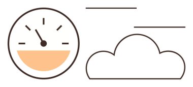 İğne göstergesi ve bulut çizgisi olan hız göstergesi. Kavramsal kavramlar için ideal hız, bağlantı, teknoloji, internet, bulut depolama, veri transferi, ilerleme. Basit düz metafor