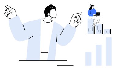 Lider direktifleri yükseltilmiş ellerle veriyor, takım üyesi dizüstü bilgisayarla büyüme çizelgesinde çalışıyor. Takım çalışması, liderlik, iş stratejisi, ilerleme, karar verme, işbirliği için ideal