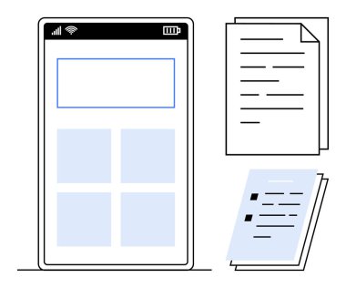Akıllı telefon arayüzü, uygulamayı vurguluyor. Yığınlanmış kağıtlar, evrakları somutlaştırıyor. Teknoloji, üretkenlik, belge organizasyonu, iletişim, dosya paylaşımı, çoklu görev ve veri analizi için ideal