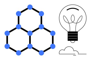 Bulut sembollerine bağlı moleküler yapı ve ampul, basit bir düz metaforda yenilik, bilim, yaratıcılık, teknoloji, eğitim, problem çözme ve sürdürülebilirliği vurguluyor