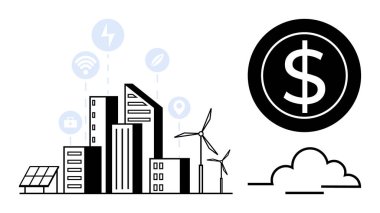 Modern binalar, rüzgar türbinleri ve güneş panelleri olan şehir manzarası. Bağlantı simgeleri yenilik gösterir. Büyük dolar işareti ekonomik büyümeyi vurguluyor. Sürdürülebilirlik, finans ve şehir için ideal