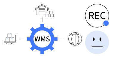 Dişli etiketli WMS depo, envanter arabası, küre, plak sembolü ve tarafsız yüzü birbirine bağlar. Lojistik, depolama, tedarik zinciri, envanter teknolojisi otomasyon verimliliği için ideal