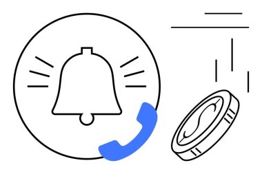 Alarm çizgileri, çalan telefon ikonu ve bozuk para illüstrasyonu olan bir çan. İletişim, bilgilendirme, finans, aramalar, dijital iş çoklu görev için ideal. Modern düz tasarım metaforu