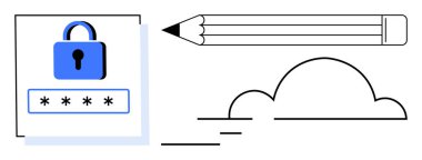 Şifre alanı, kalem ve bulut vurgusu veri koruması, yaratıcılık ve uzaktan erişim ile kilitle. Siber güvenlik, yaratıcılık, yenilik, bulut depolama eğitimi için ideal dijital araçlar
