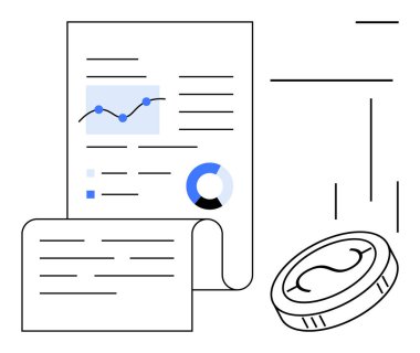Satır grafiği, pasta grafiği ve yazı ile bir madeni para ile birlikte belge. Finans, yatırım, bütçe, istatistik verileri görselleştirme pazar analizi kâr takibi için idealdir. Basit düz metafor