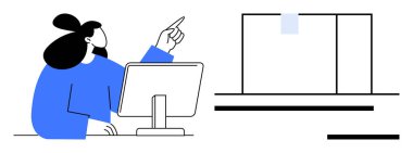 Masaüstü bilgisayarı üzerinde çalışan ve odak noktasını sunum ekranına yönlendiren kadın. Eğitim, öğretim, analiz, eğitim, iş akışı, araştırma, işyeri çizimleri için ideal. Basit düz metafor