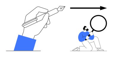 El ele tutuşan dolmakalem yazısı, ileri hareketi gösteren ok, büyüteçle diz çöken kişi. Yaratıcılık, keşif, analiz, araştırma, strateji, liderlik yeniliği için ideal