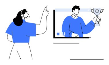 İş kadını, ödül alan kişinin görüntülü aramasıyla etkileşime geçerek sanal iletişim kuruyor. Takım çalışması, liderlik, çevrimiçi işbirliği, uzaktan çalışma, motivasyon için ideal